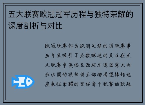 五大联赛欧冠冠军历程与独特荣耀的深度剖析与对比